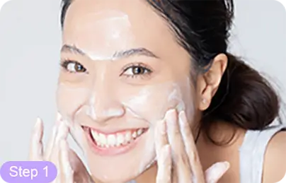 Remover and facial cleanser, 2 mins apply toner.