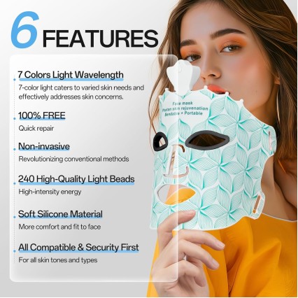 Red Light Mask for Face Women, 7 Color Face Mask Wireless Device, Blue and Red Light Facial Mask at Home, Soft Silicone, Lightweight and Foldable