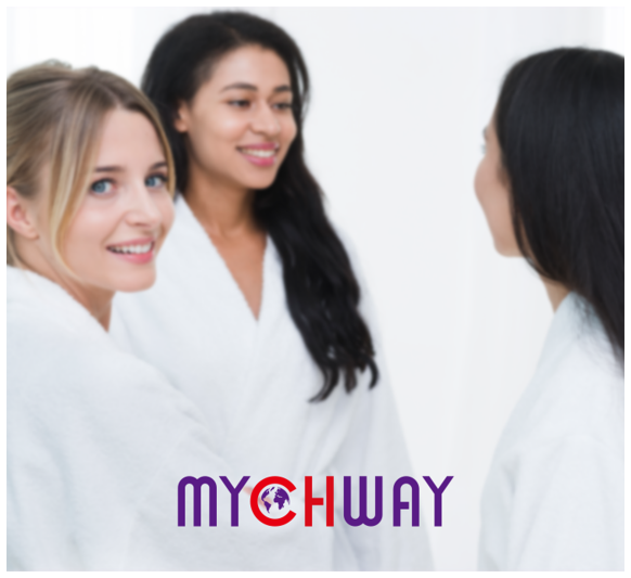 Three women in white robes with MYCHWAY logo