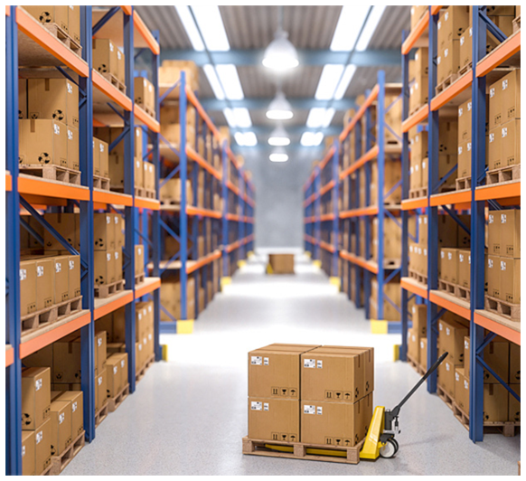 Warehouse interior with shelves filled with boxes