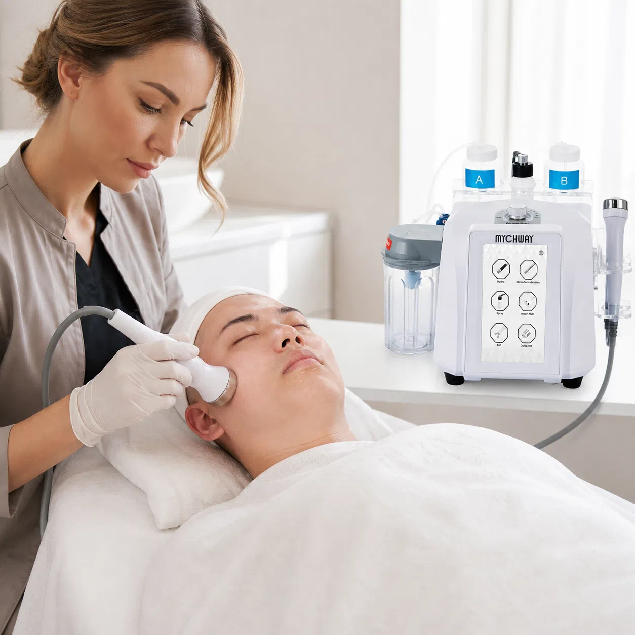 Esthetician performing facial care with FC-68S1 beside the treatment bed