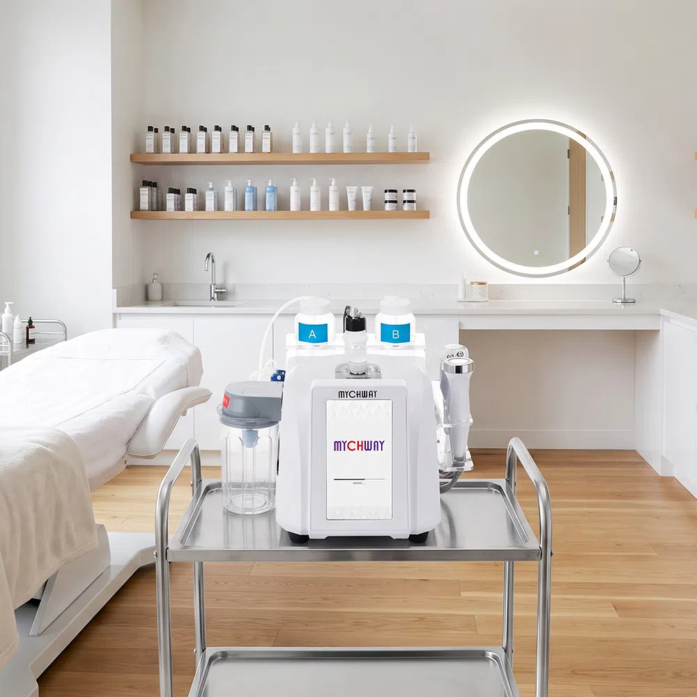 FC-68S1 tabletop system on a treatment trolley in a small skincare studio